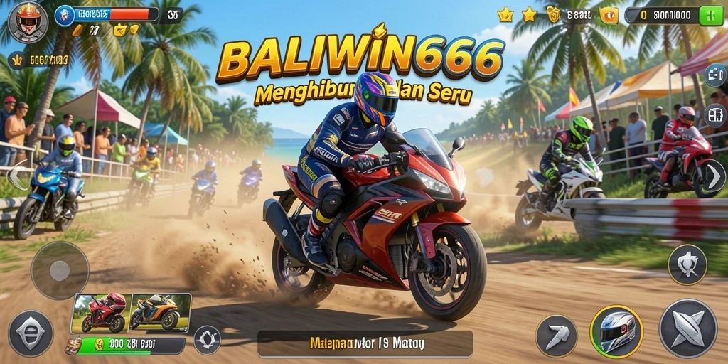 Tampilan gameplay mendebarkan dari BALIWIN66 yang menampilkan balapan motor yang intens.