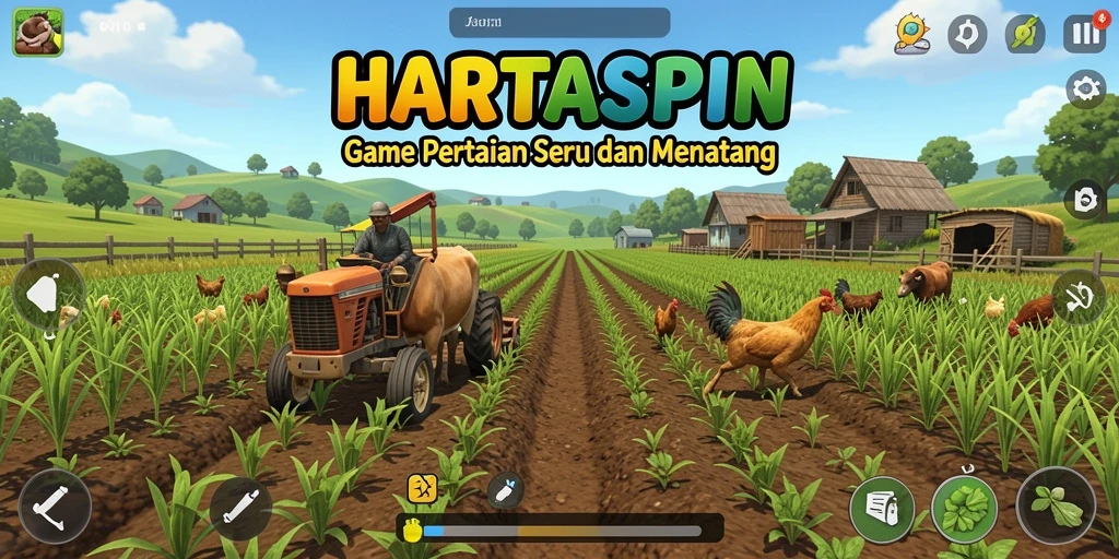Tampilan menarik dari gameplay HARTASPIN yang menggambarkan aktivitas bertani.