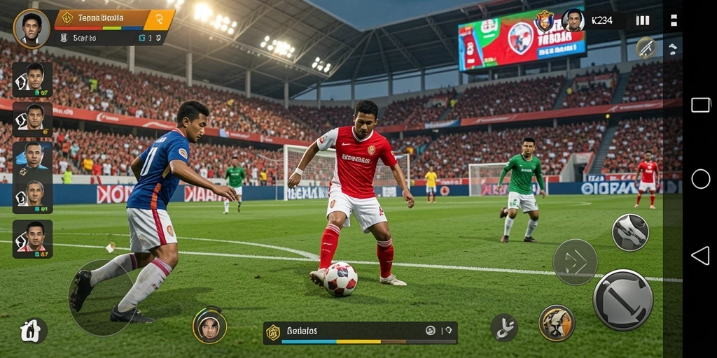 Tampilan gameplay K234 dengan aksi sepak bola yang mendebarkan.
