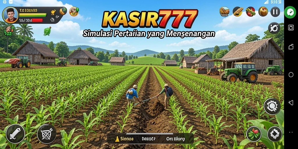 Screenshot dari gameplay KASIR777 menunjukkan ladang subur dan hewan lucu.