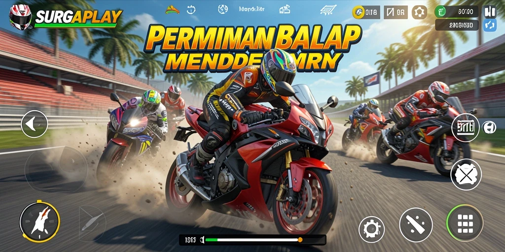 Gameplay SURGAPLAY menampilkan balapan motor yang intens dan mendebarkan.